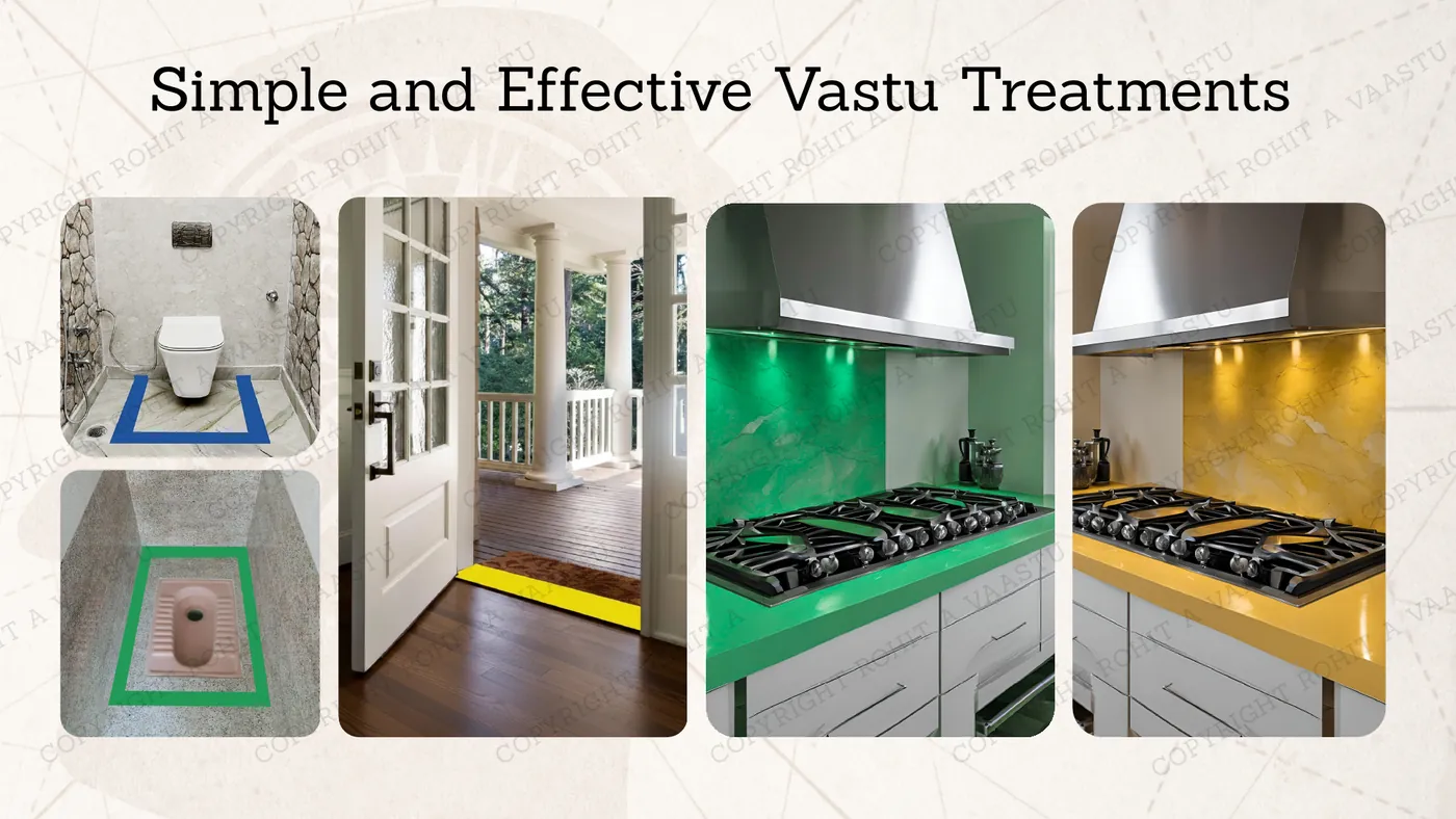Simple Vastu remedies: coloured tape around a toilet, a strip at the door threshold and coloured kitchen benchtops